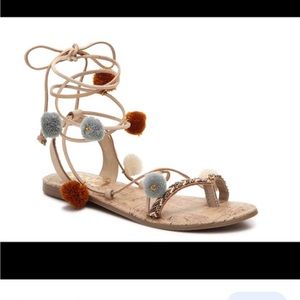 Circus by Sam Edelman tan and blue gladiator Pom Pom beaded sandals. Size 8